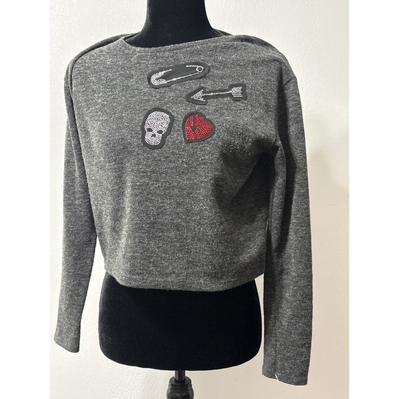 Zara Tops - Zara Collection B Charcoal Grey Rhinestone Patch Cropped Knit Top Womens Medium